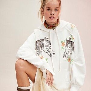 Free People Keepsake White Embroidered Horse Hoodie XS